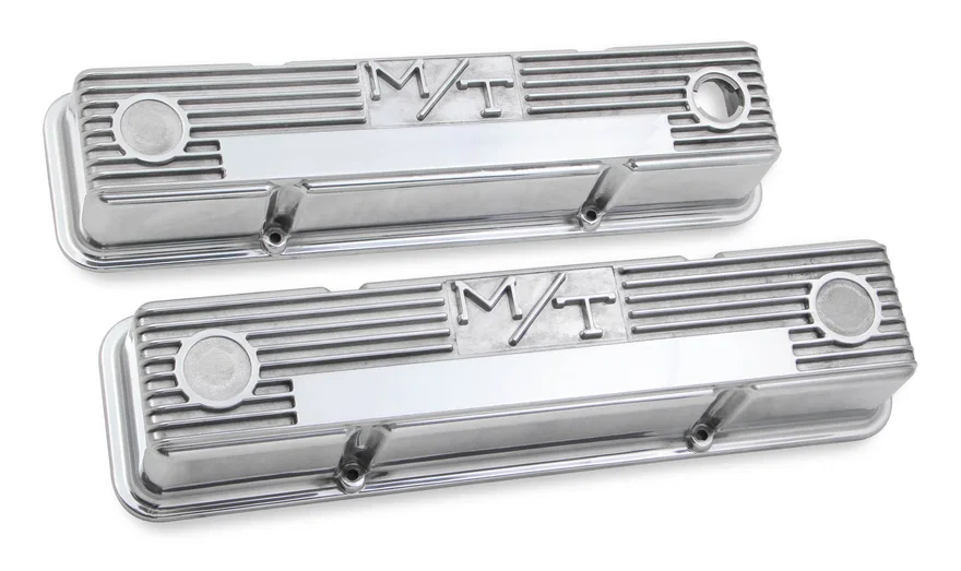 M/T Valve Covers - Vintage Style - Finned - SBC - Polished