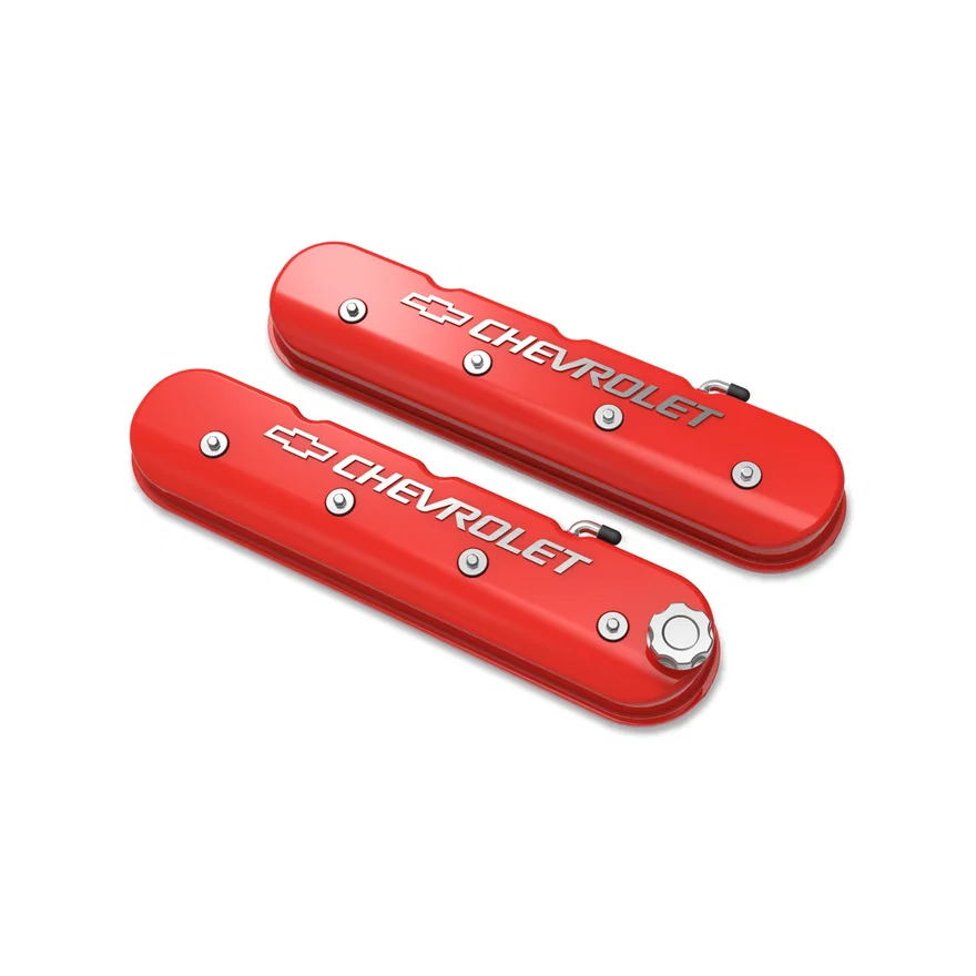 Tall LS Valve Cover with Bowtie/Chevrolet Logo - Gloss Red Machined Finish
