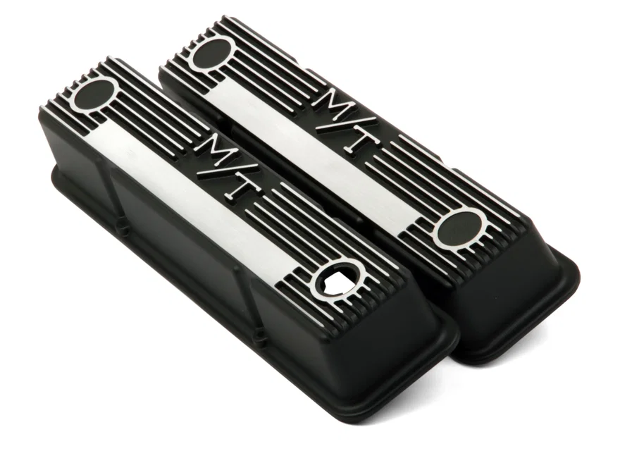 M/T Valve Covers - Vintage Style - Finned - SBC - Satin Black