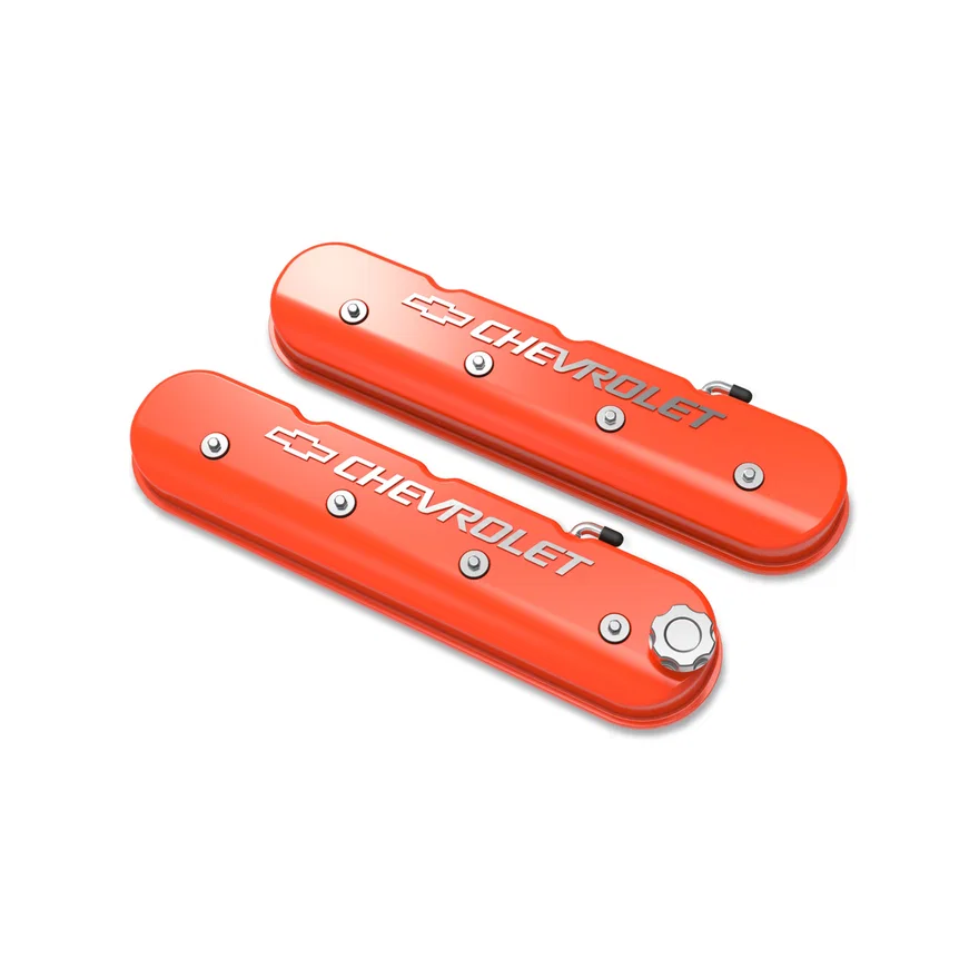 Tall LS Valve Cover with Bowtie/Chevrolet Logo - Factory Orange Machined Finish