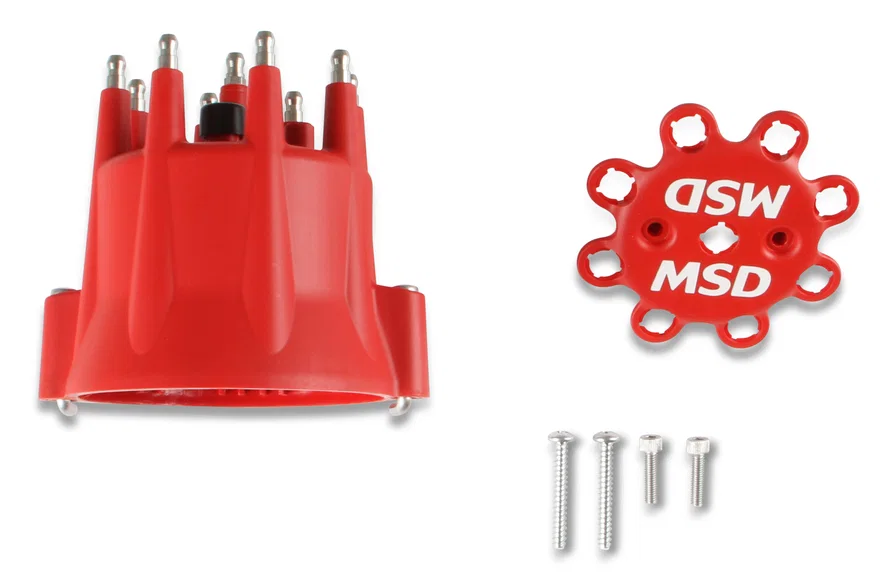 Distributor Cap - V8 - HEI Terminals - Red - Spark Plug Wire Retainer