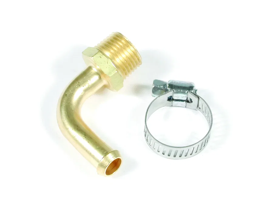 Fuel Line Fitting - 3/8 Inch NPT to 3/8 Inch Hose Barb - 90° - Brass