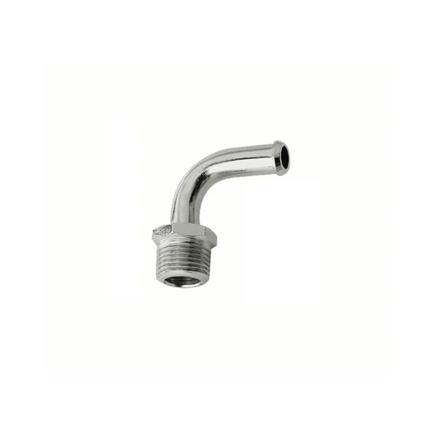 Fuel Line Fitting - 3/8 Inch NPT to 3/8 Inch Hose Barb - 90° - Chrome