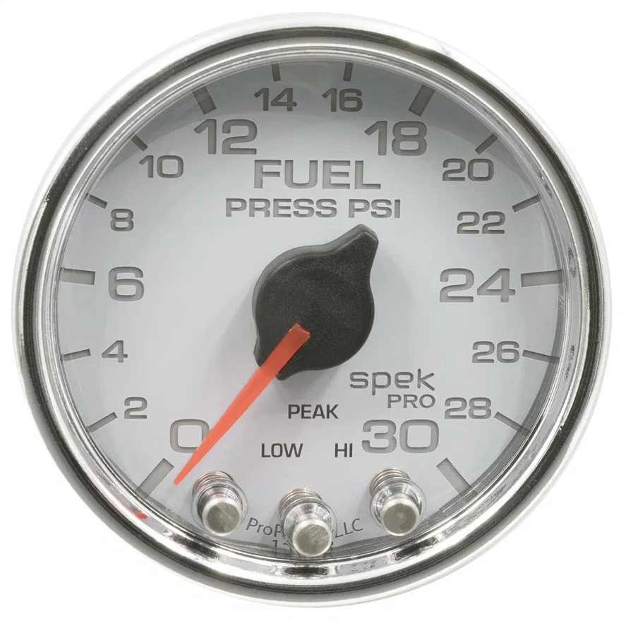 GAUGE; FUEL PRESS; 2 1/16in.; 30PSI; STEPPER MOTOR W/PEAK/WARN; WHT/CHRM; SPEK