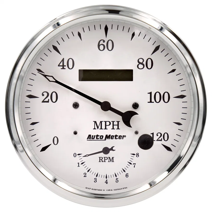 GAUGE; TACH/SPEEDO; 5in.; 120MPH/8K RPM; ELEC. PROGRAM.; OLD TYME WHITE