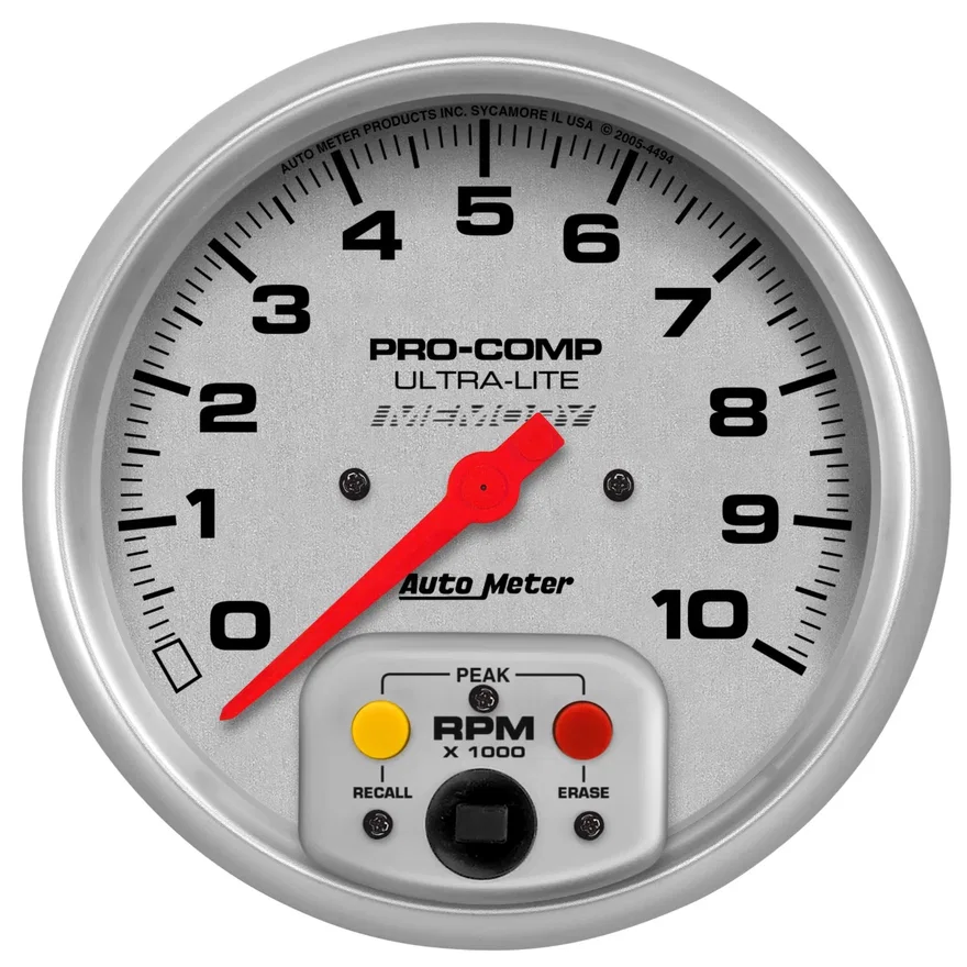 GAUGE; TACHOMETER; 5in.; 10K RPM; IN-DASH W/PEAK RPM MEMORY; ULTRA-LITE