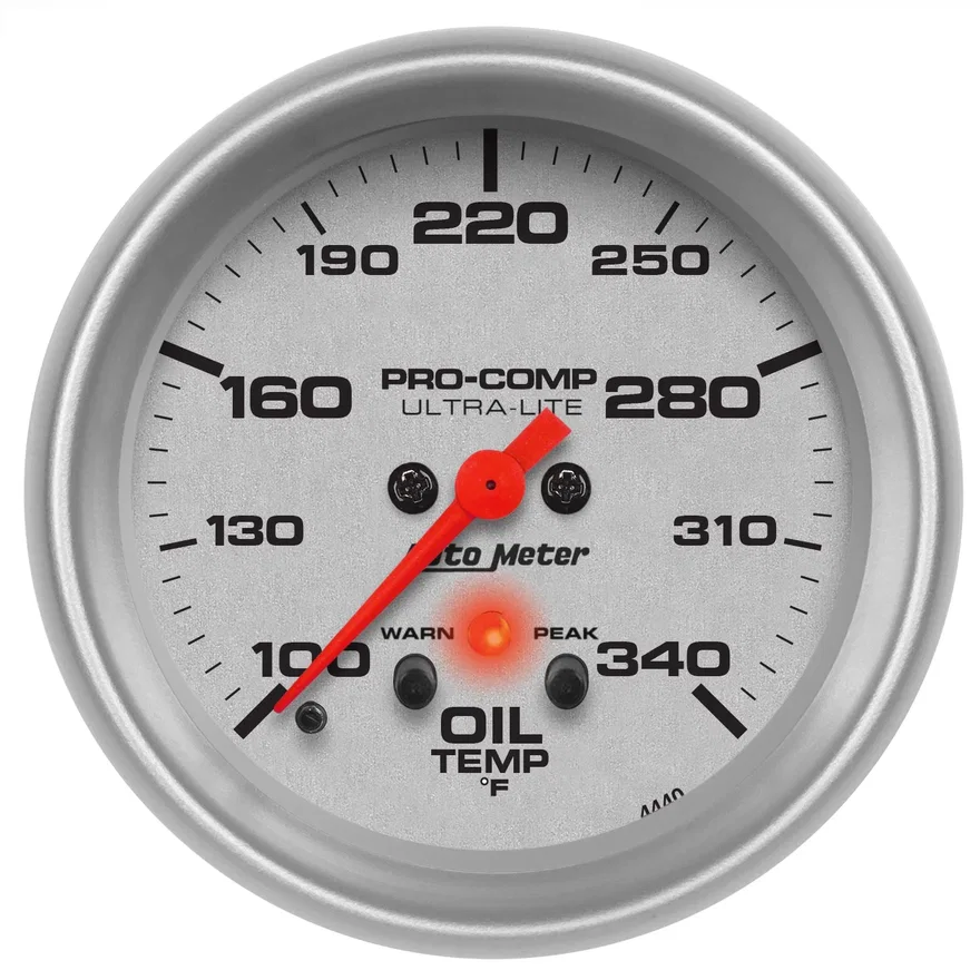 GAUGE; OIL TEMP; 2 5/8in.; 140-340deg.F; STEPPER MOTOR W/PEAK/WARN; ULTRA-LITE