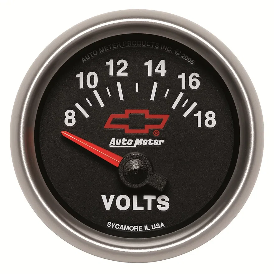 GAUGE; VOLTMETER; 2 1/16in.; 18V; ELECTRIC; CHEVY RED BOWTIE; BLACK