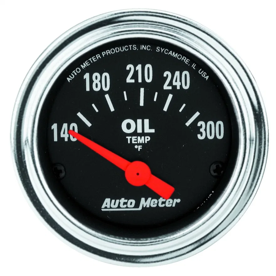 GAUGE; OIL TEMP; 2 1/16in.; 140-300deg.F; ELECTRIC; TRADITIONAL CHROME