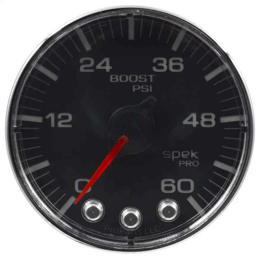GAUGE; BOOST; 2 1/16in.; 60PSI; STEPPER MOTOR W/PEAK/WARN; BLK/CHRM; SPEK-PRO