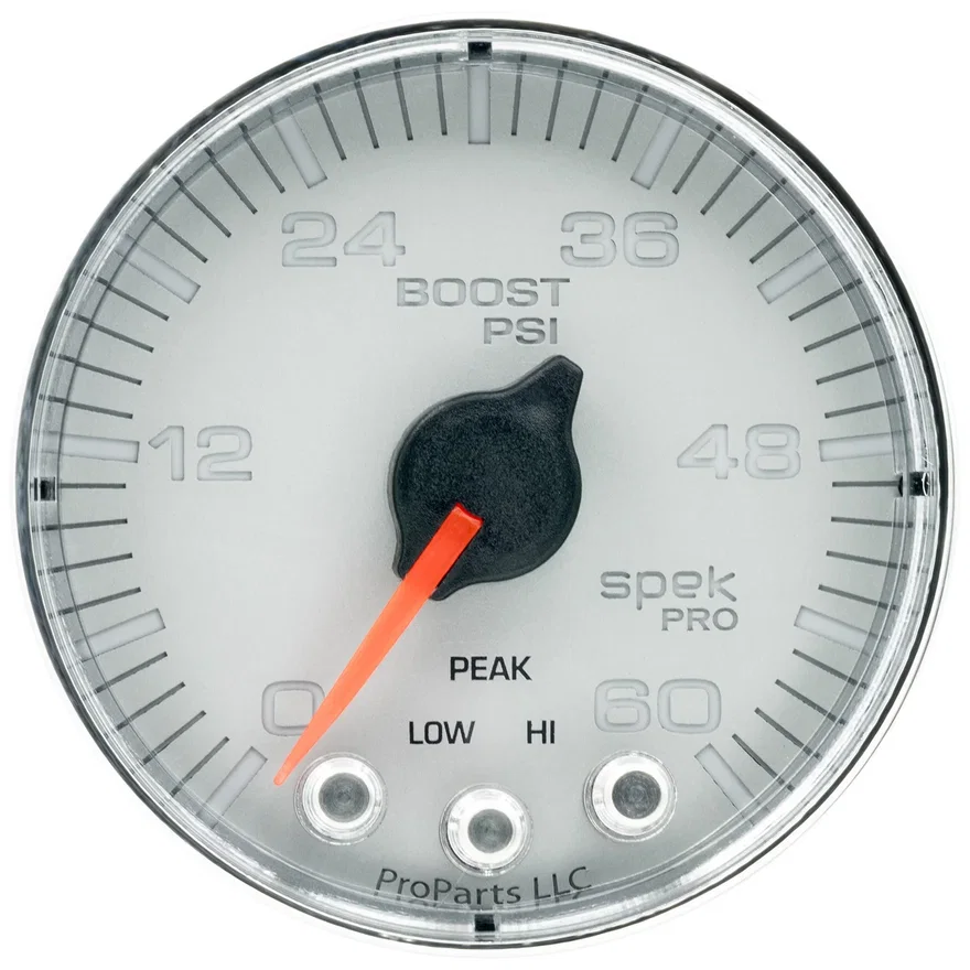 GAUGE; BOOST; 2 1/16in.; 60PSI; STEPPER MOTOR W/PEAK/WARN; SLVR/CHRM; SPEK-PRO