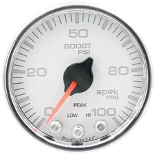 GAUGE; BOOST; 2 1/16in.; 100PSI; STEPPER MOTOR W/PEAK/WARN; WHT/CHRM; SPEK-PRO image 1