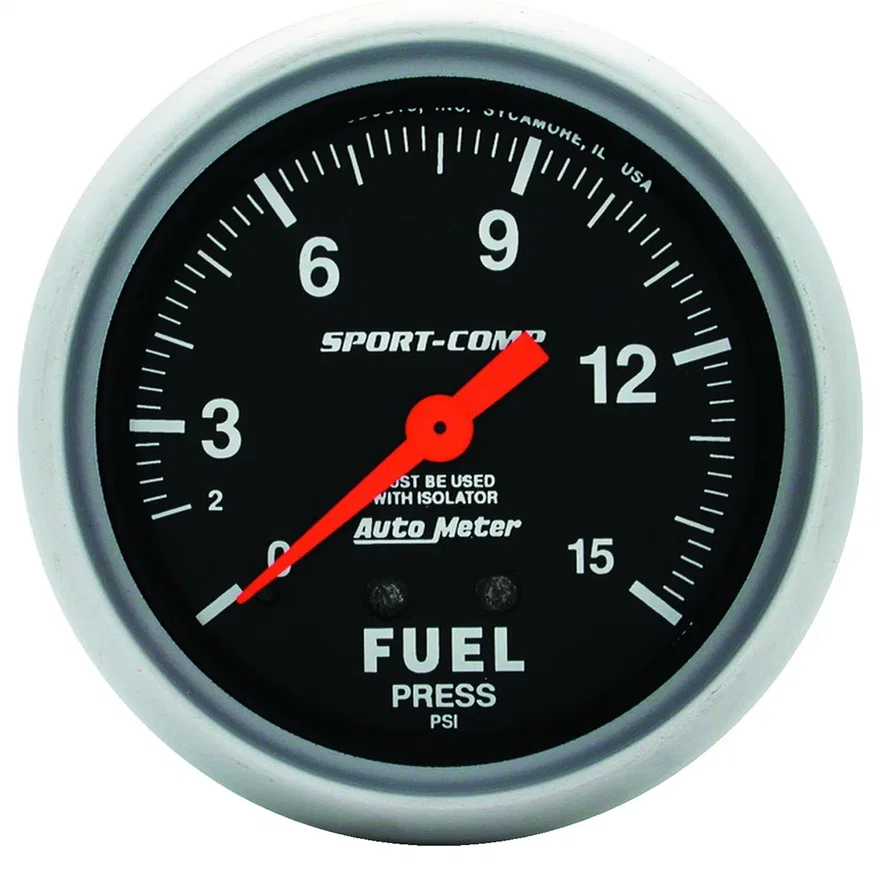 GAUGE; FUEL PRESSURE; 2 5/8in.; 15PSI; MECHANICAL W/ISOLATOR; SPORT-COMP