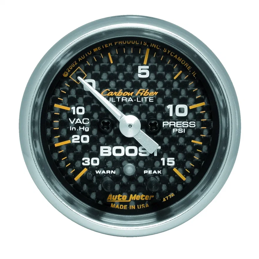 GAUGE; VAC/BOOST; 2 1/16in.; 30INHG-15PSI; STEPPER MOTOR W/PK/WRN; CARBON FIBER