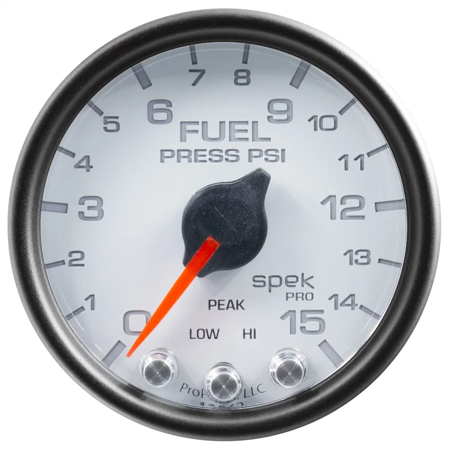 GAUGE; FUEL PRESS; 2 1/16in.; 15PSI; STEPPER MOTOR W/PEAK/WARN; WHT/BLK; SPEK