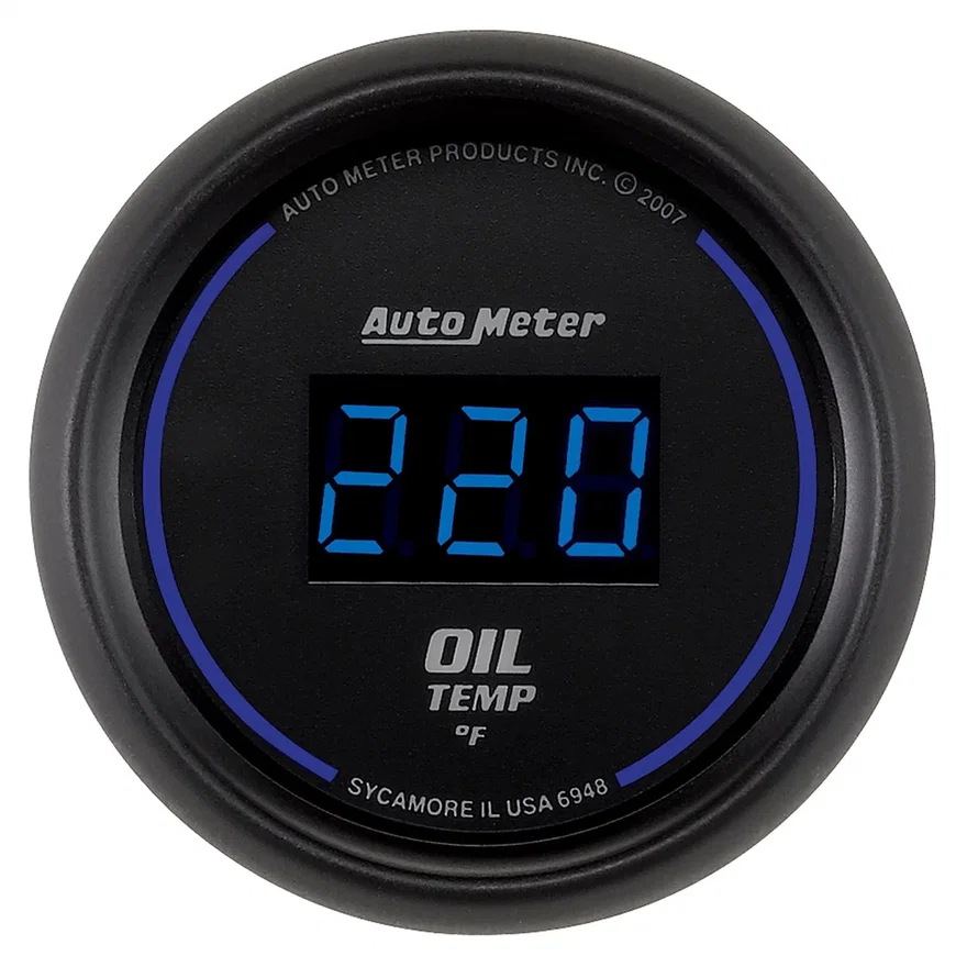 GAUGE; OIL TEMP; 2 1/16in.; 340deg.F; DIGITAL; BLACK DIAL W/BLUE LED