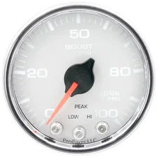 GAUGE; BOOST; 2 1/16in.; 100PSI; STEPPER MOTOR W/PEAK/WARN; WHT/CHRM; SPEK-PRO image 2