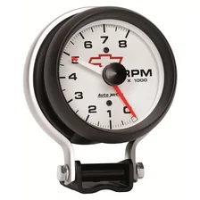 GAUGE; TACHOMETER; 3 3/4in.; 8K RPM; PEDESTAL W/RED LINE; CHEVY RED BOWTIE; WHIT image 3