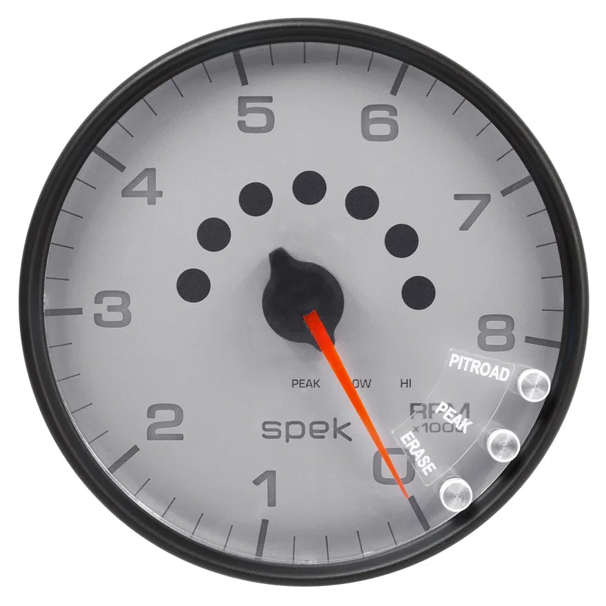GAUGE; TACHOMETER; 5in.; 8K RPM; W/SHIFT LIGHT/PEAK MEM; SILVER/BLACK; SPEK-PRO