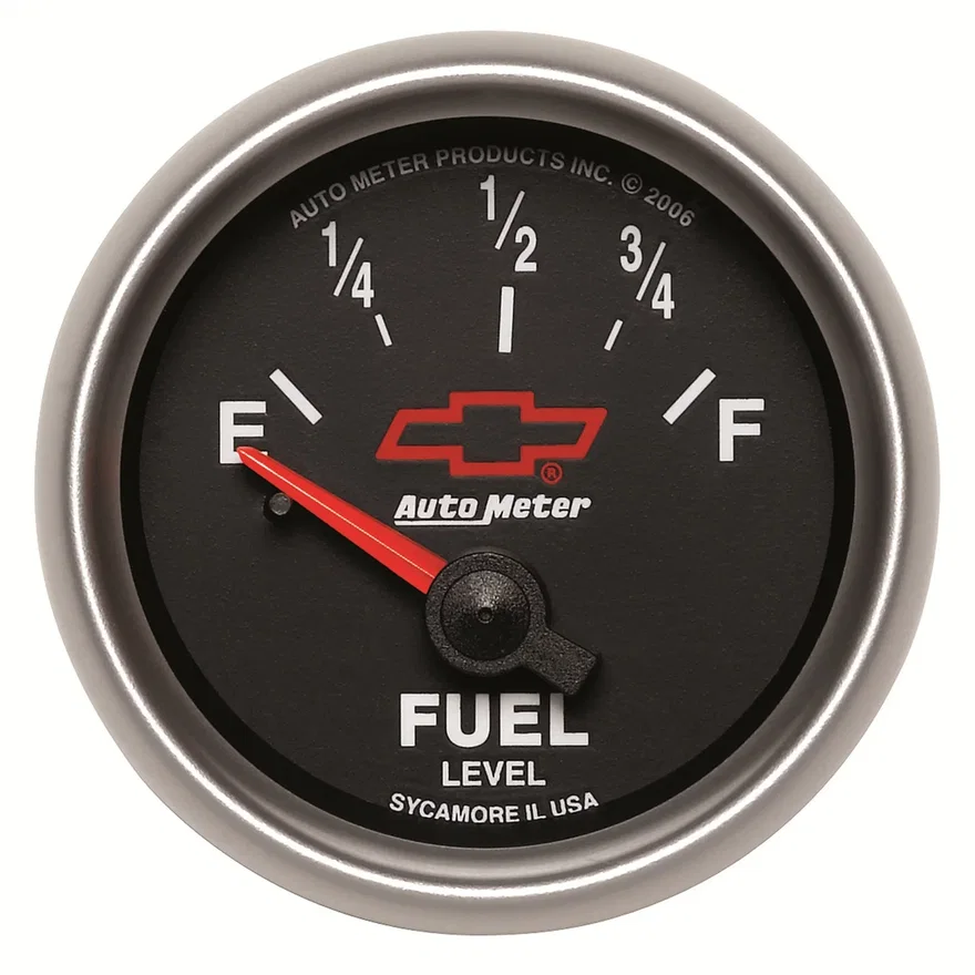 GAUGE; FUEL LEVEL; 2 1/16in.; 0OE TO 90OF; ELEC; CHEVY RED BOWTIE; BLACK
