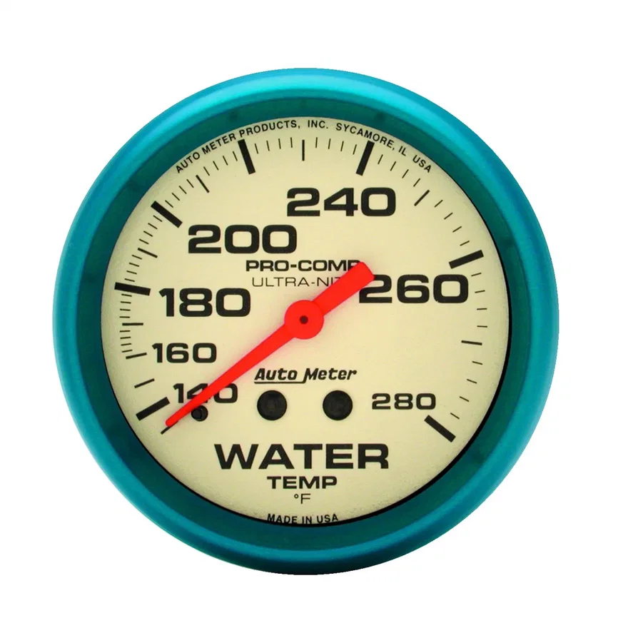 GAUGE; WATER TEMP; 2 5/8in.; 140-280deg.F; MECH.; GLOW IN THE DARK; ULTRA-NITE