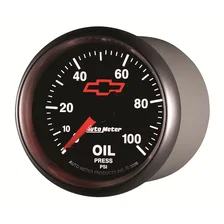 GAUGE; OIL PRESSURE; 2 1/16in.; 100PSI; MECHANICAL; CHEVY RED BOWTIE; BLACK image 2