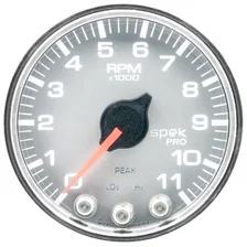 GAUGE; TACH; 2 1/16in.; 11K RPM; W/SHIFT LIGHT/PEAK MEM; SLVR/CHRM; SPEK-PRO image 2