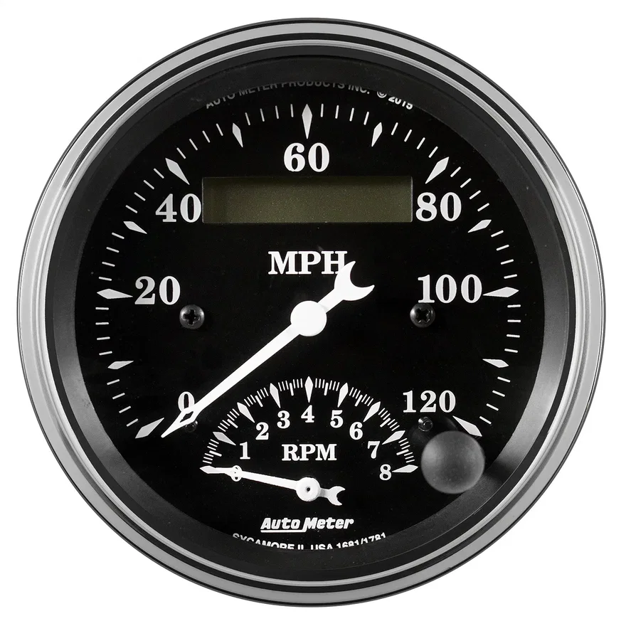 GAUGE; TACH/SPEEDO; 3 3/8in.; 120MPH/8K RPM; ELEC. PROGRAM.; OLD TYME BLK