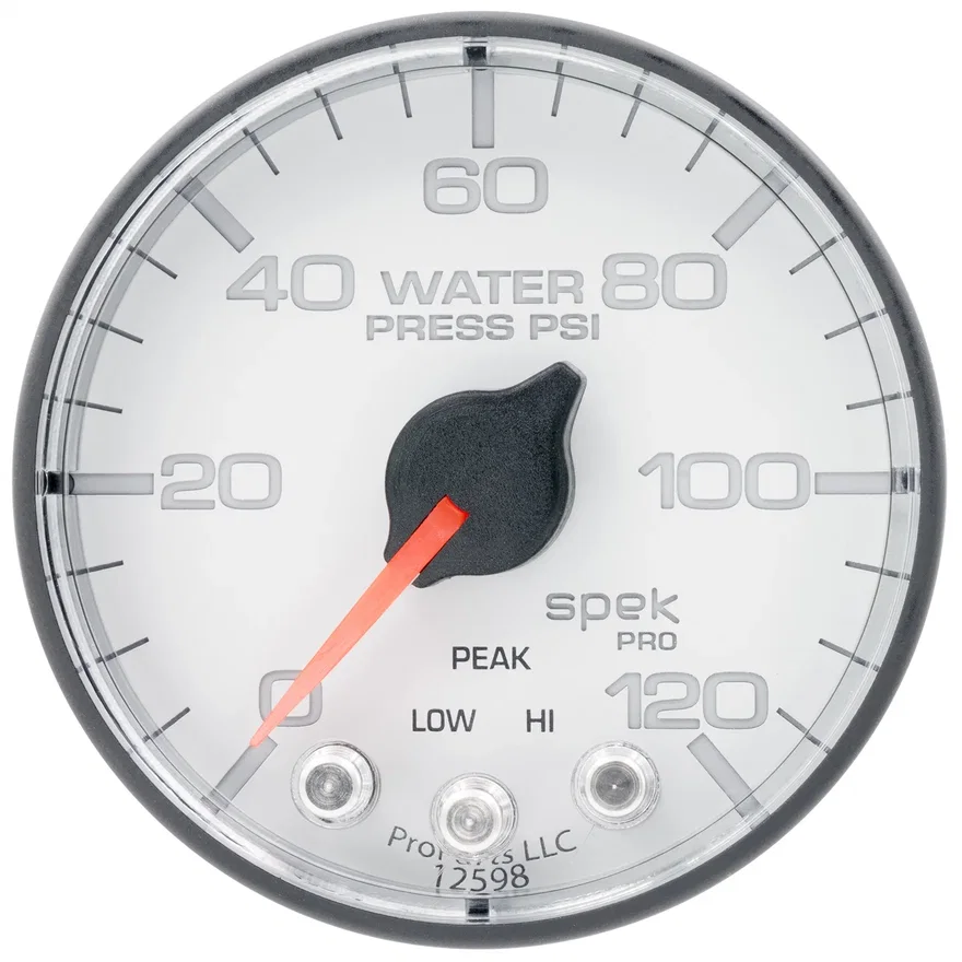 GAUGE; WATER PRESS; 2 1/16in.; 120PSI; STEPPER MOTOR W/PEAK/WARN; WHT/BLK; SPEK