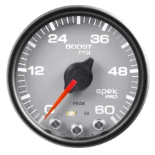GAUGE; BOOST; 2 1/16in.; 60PSI; STEPPER MOTOR W/PEAK/WARN; SLVR/BLK; SPEK-PRO image 2