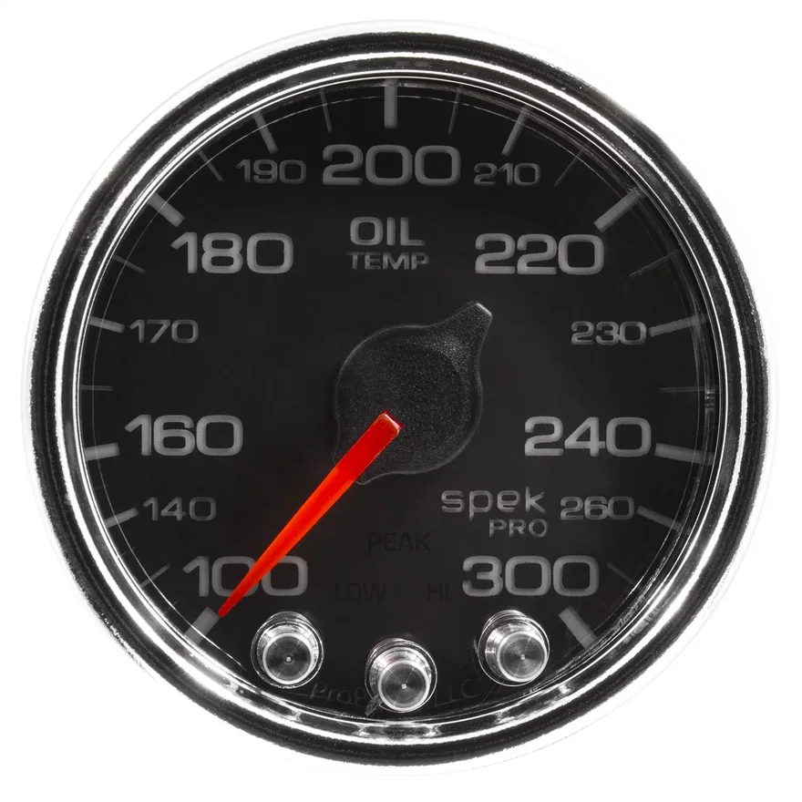 GAUGE; OIL TEMP; 2 1/16in.; 300deg.F; STEPPER MOTOR W/PEAK/WARN; BLK/CHRM; SPEK-