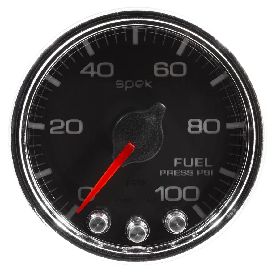GAUGE; FUEL PRESS; 2 1/16in.; 100PSI; STEPPER MOTOR W/PEAK/WARN; BLK/CHRM; SPEK