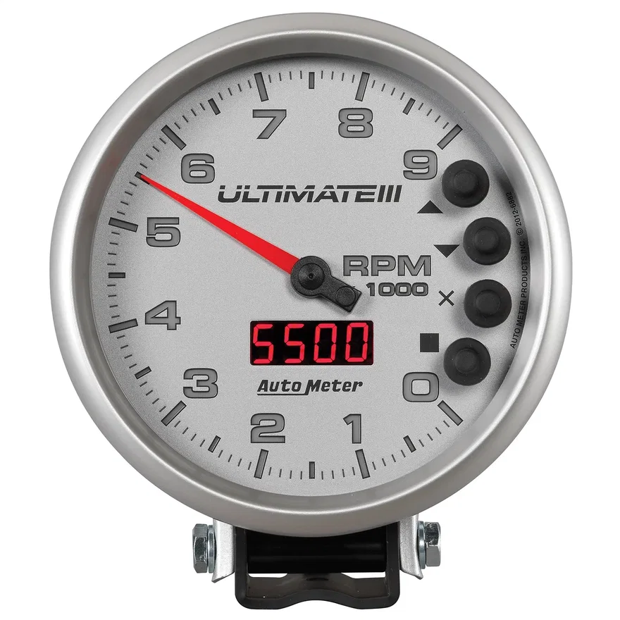 GAUGE; TACH; 5in.; 9K RPM; PEDESTAL; DATALOGGING; ULTIMATE III PLAYBACK; SILVER