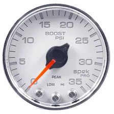 GAUGE; BOOST; 2 1/16in.; 35PSI; STEPPER MOTOR W/PEAK/WARN; WHT/CHROME; SPEK-PRO image 1