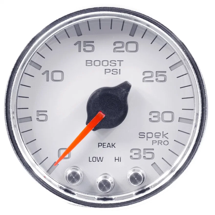 GAUGE; BOOST; 2 1/16in.; 35PSI; STEPPER MOTOR W/PEAK/WARN; WHT/CHROME; SPEK-PRO