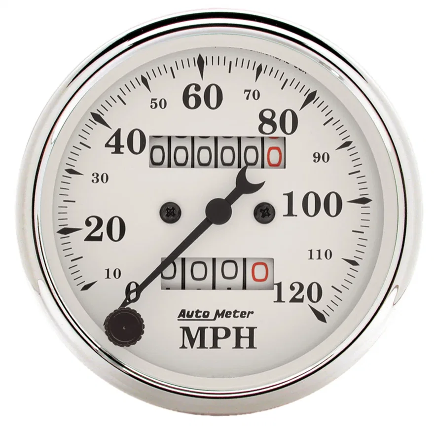 GAUGE; SPEEDOMETER; 3 1/8in.; 120MPH; MECHANICAL; OLD TYME WHITE