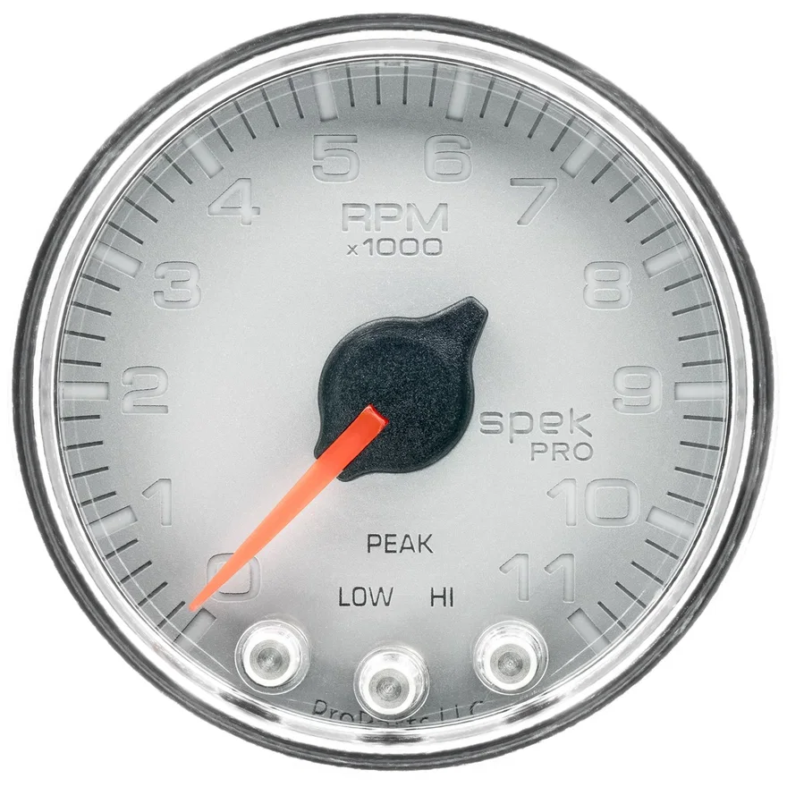 GAUGE; TACH; 2 1/16in.; 11K RPM; W/SHIFT LIGHT/PEAK MEM; SLVR/CHRM; SPEK-PRO