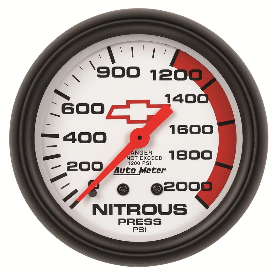 GAUGE; NITROUS PRESSURE; 2 5/8in.; 2000PSI; MECHANICAL; CHEVY RED BOWTIE; WHITE