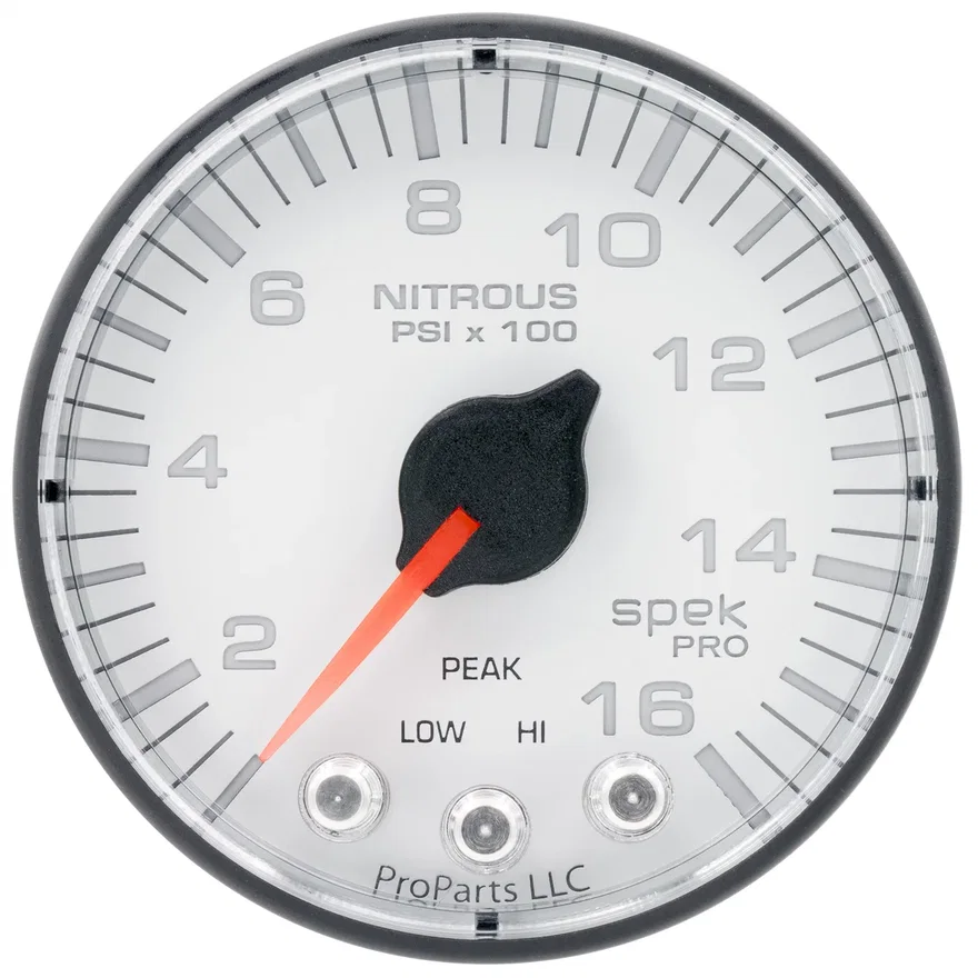 GAUGE; NITROUS PRESS; 2 1/16in.; 1600PSI; STEPPER MOTOR W/PK/WRN; WHT/BLK; SPEK