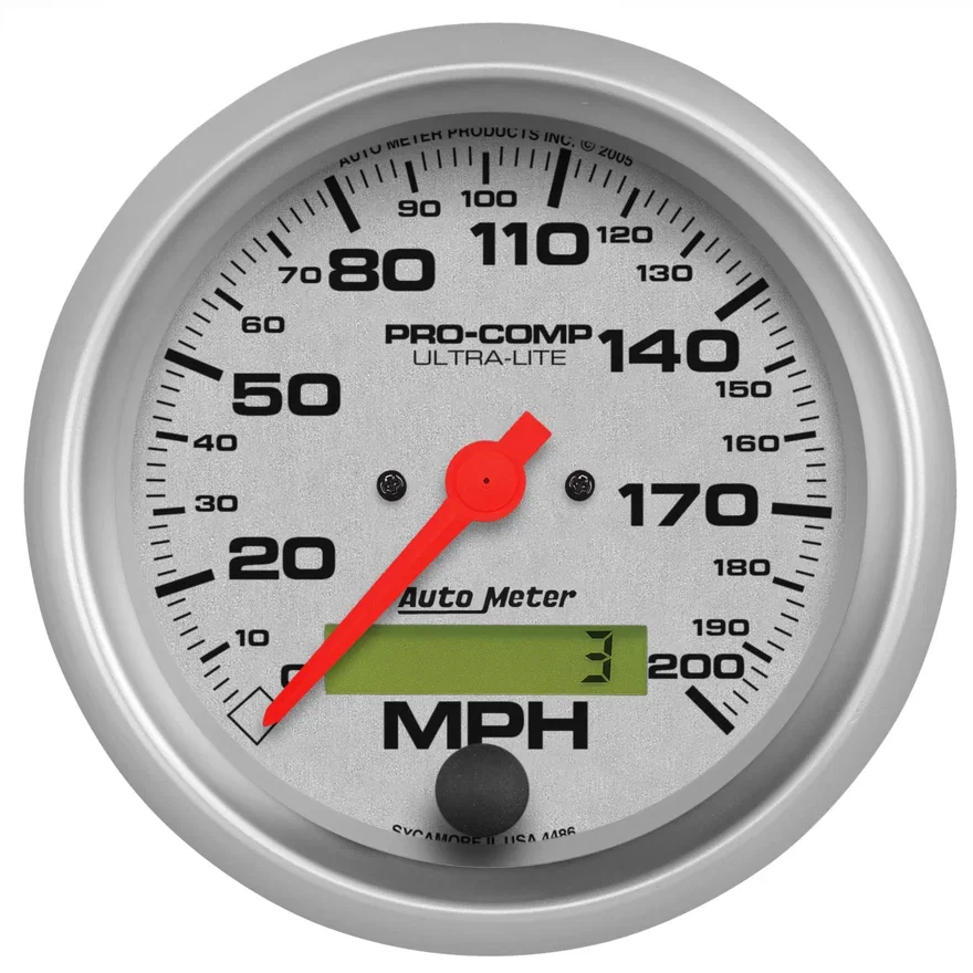 GAUGE; SPEEDO; 3 3/8in.; 200MPH; ELEC. PROGRAM W/LCD ODO; ULTRA-LITE