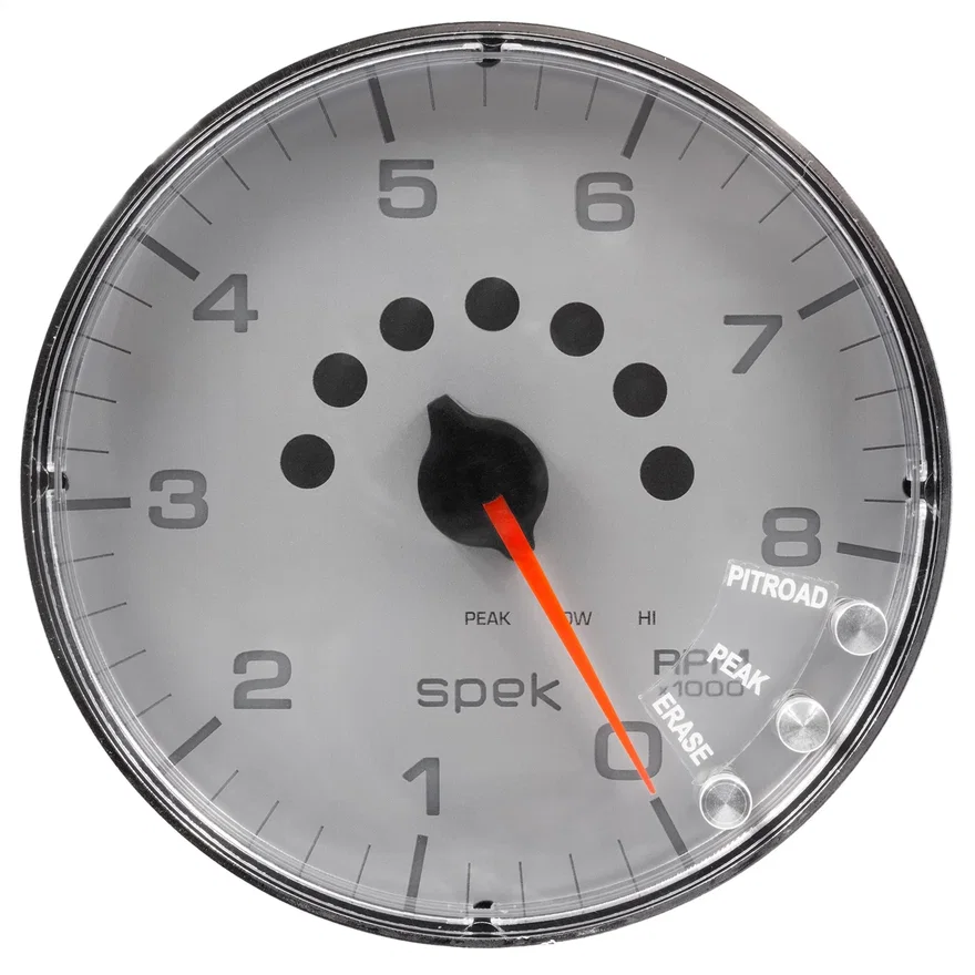 GAUGE; TACHOMETER; 5in.; 8K RPM; W/SHIFT LIGHT/PEAK MEM; SILVER/CHROME; SPEK-PRO