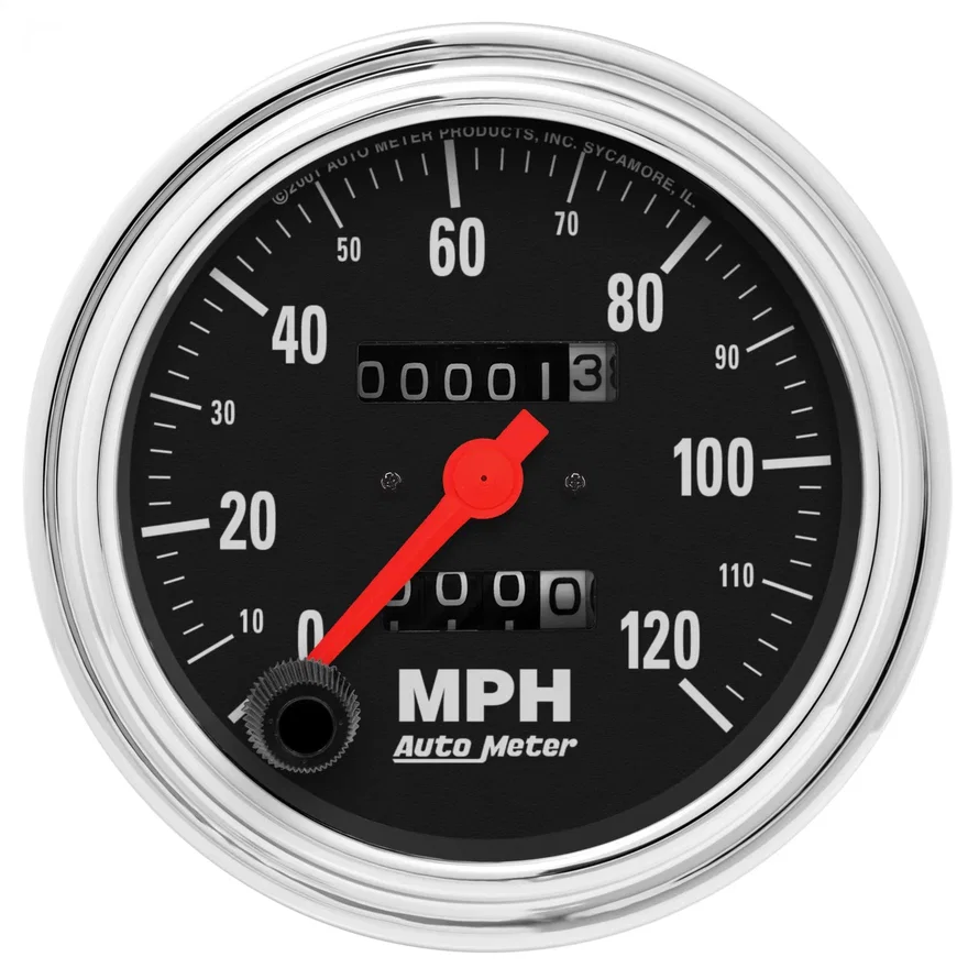 GAUGE; SPEEDOMETER; 3 3/8in.; 120MPH; MECHANICAL; TRADITIONAL CHROME