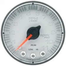GAUGE; TACH; 2 1/16in.; 11K RPM; W/SHIFT LIGHT/PEAK MEM; SLVR/BLK; SPEK-PRO image 1