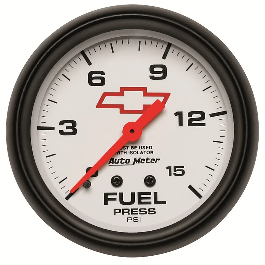 GAUGE; FUEL PRESS; 2 5/8in.; 15PSI; MECH W/ISOLATOR; CHEVY RED BOWTIE; WHITE