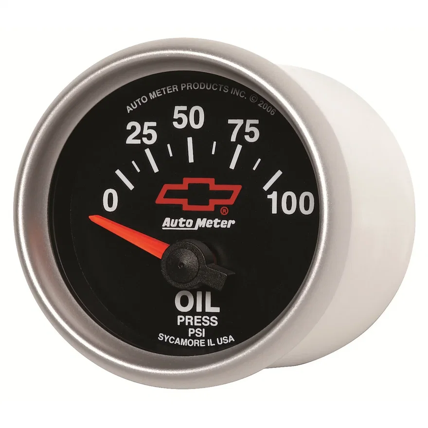 GAUGE; OIL PRESSURE; 2 1/16in.; 100PSI; ELECTRIC; CHEVY RED BOWTIE; BLACK