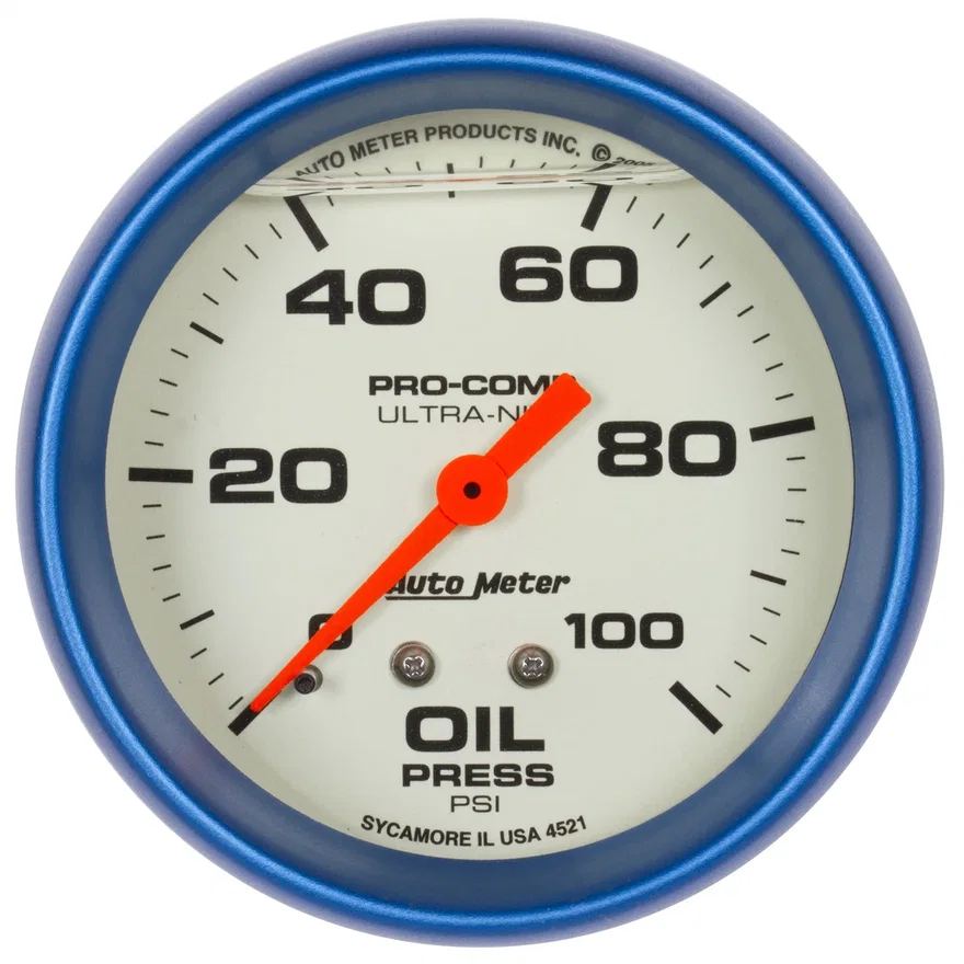 GAUGE; OIL PRESS; 2 5/8in.; 100PSI; LIQUID FILLED MECH; GLOW IN DARK; ULTRA-NITE