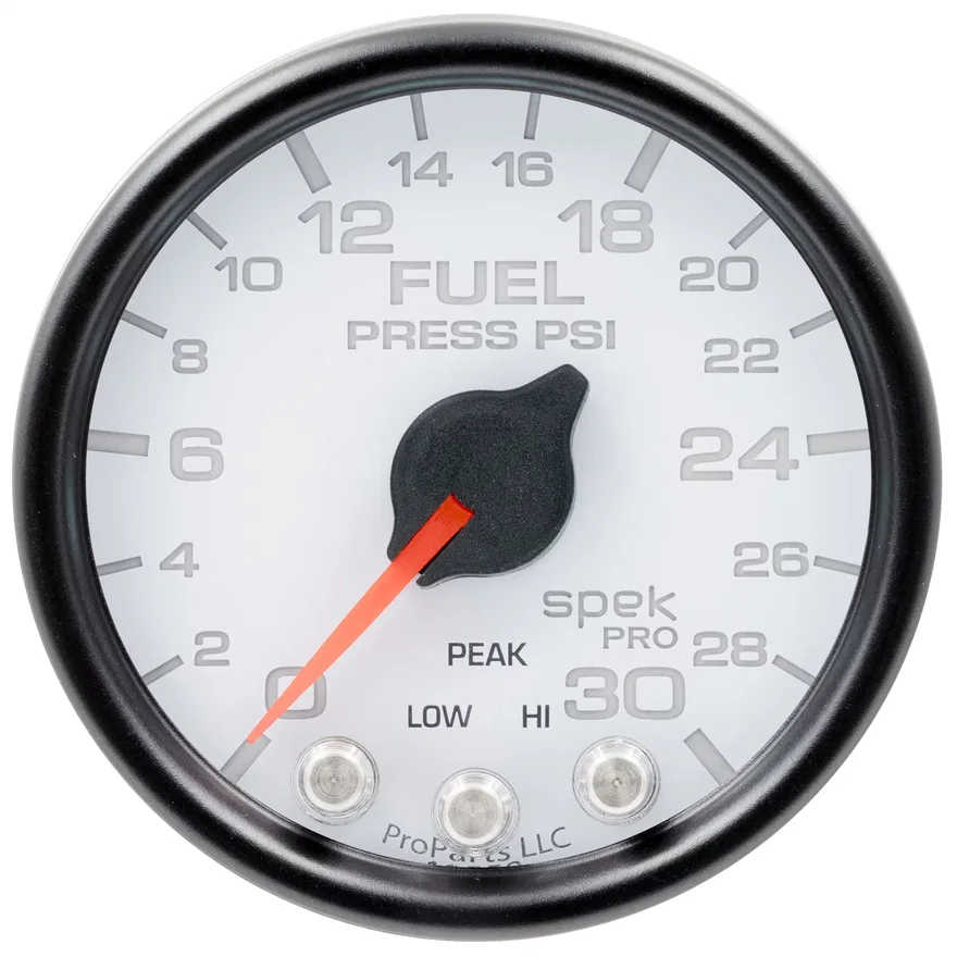 GAUGE; FUEL PRESS; 2 1/16in.; 30PSI; STEPPER MOTOR W/PEAK/WARN; WHT/BLK; SPEK
