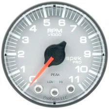 GAUGE; TACH; 2 1/16in.; 11K RPM; W/SHIFT LIGHT/PEAK MEM; SLVR/BLK; SPEK-PRO image 2