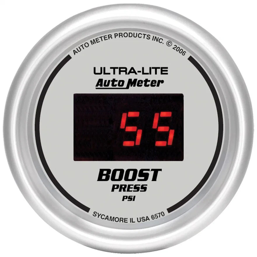 GAUGE; BOOST; 2 1/16in.; 60PSI; DIGITAL; SILVER DIAL W/RED LED