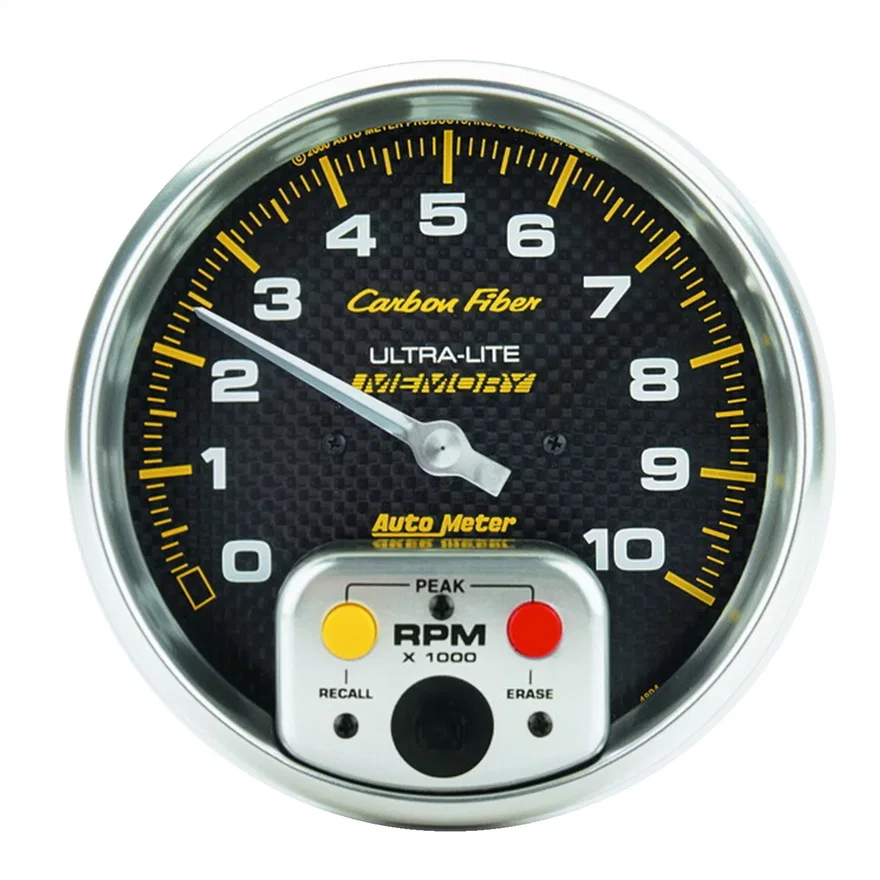 GAUGE; TACHOMETER; 5in.; 10K RPM; IN-DASH W/PEAK MEMORY; CARBON FIBER